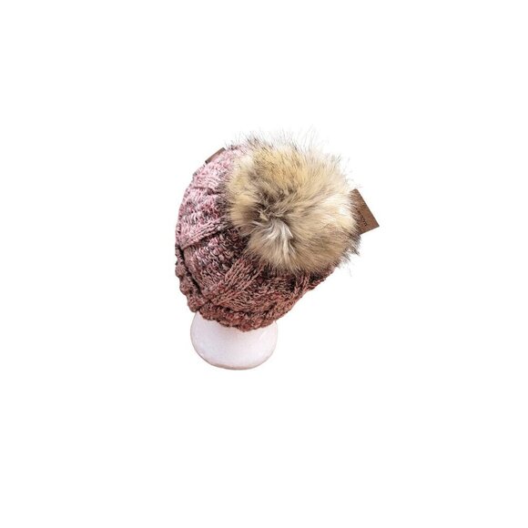 C.C. Beanie Pom Pom Hat - Rose Knit - Faux Fur Pom - Unisex Winter Accessory - Picture 5 of 10